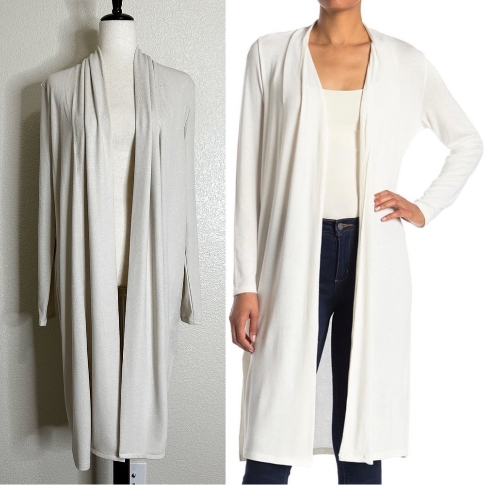 H by Halston Cream Open Front Longline Duster Cardigan, Sz Medium